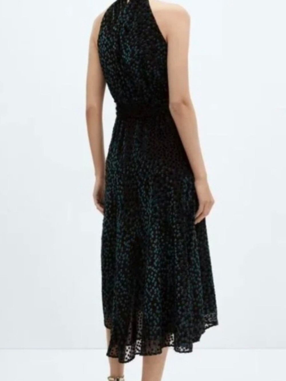 Mango MNG Velvet Polka Dot Halter Maxi Dress Black Teal Devore Belted Size 6 - Picture 2 of 10